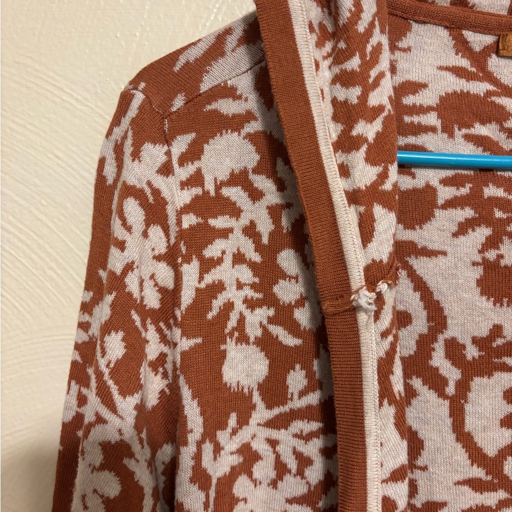 Belldini Rust Cream Floral Hooded Knit Cardigan Open Front Pockets Size L/XL - Picture 6 of 8
